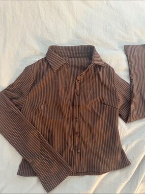 Fitted Brown Pinstripe Button-Up Shirt
